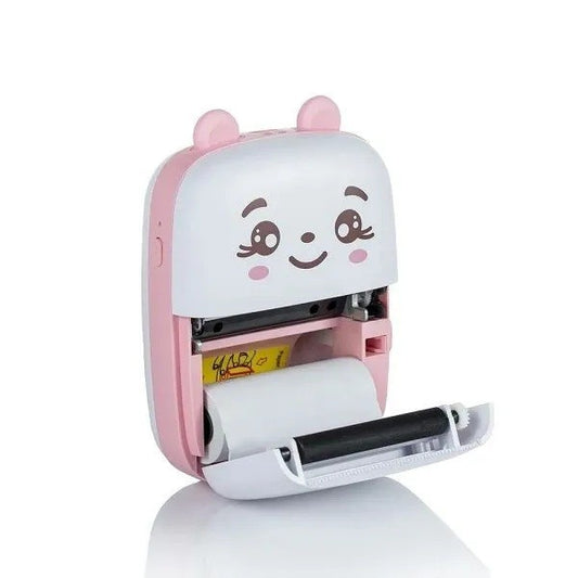 Mini Imprimanta Foto Portabila, Imprimanta Termica Bluetooth de Buzunar, Tehnologie Fara Cerneala, Conectare Smartphone iOS si Android, Model Ursulet, Incarcare USB, 200 DPI, Alb cu Roz