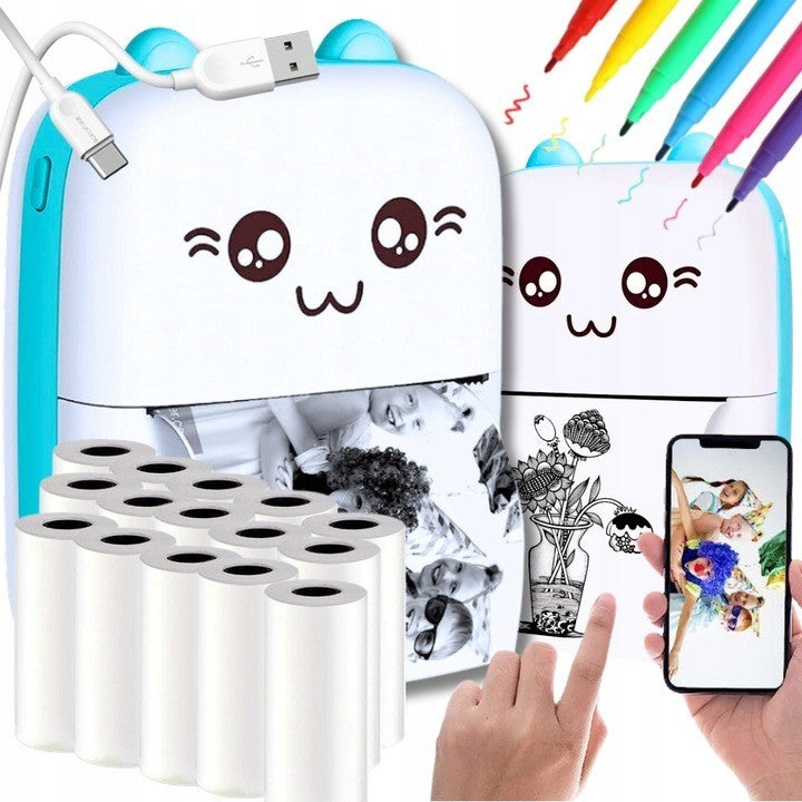 Mini Imprimanta Foto Portabila, Imprimanta Termica Bluetooth Fara Cerneala, Model Ursulet, Rezolutie 200 DPI, Acumulator 1000 mAh, Incarcare USB, Material ABS, 12 x 9 x 5 cm, Alb Albastru