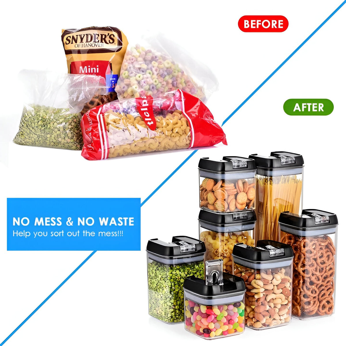 Set 7 Recipiente Depozitare Alimente Etanse, Organizator Bucatarie si Camara, Plastic Acrilic Fara BPA, Include 10 Etichete, 4 Linguri si Spatula, Transparente cu Capac Negru