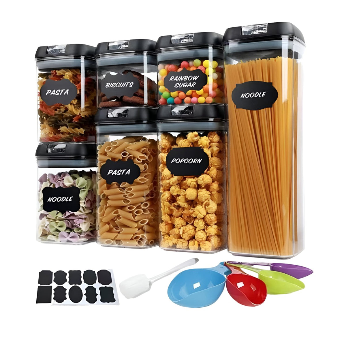 Set 7 Recipiente Depozitare Alimente Etanse, Organizator Bucatarie si Camara, Plastic Acrilic Fara BPA, Include 10 Etichete, 4 Linguri si Spatula, Transparente cu Capac Negru