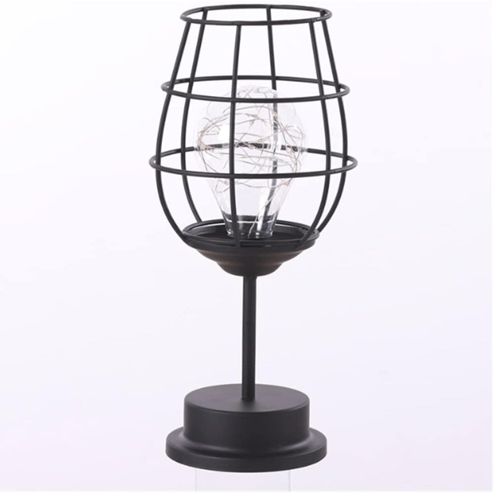 Lampa Decorativa Cu LED In Forma De Pahar De Vin, Stil Retro Din Sarma Metalica Si Fire De Cupru, Alimentare 3 Baterii AA, Lumina Alb Cald, Negru, 13 x 13 x 28 cm