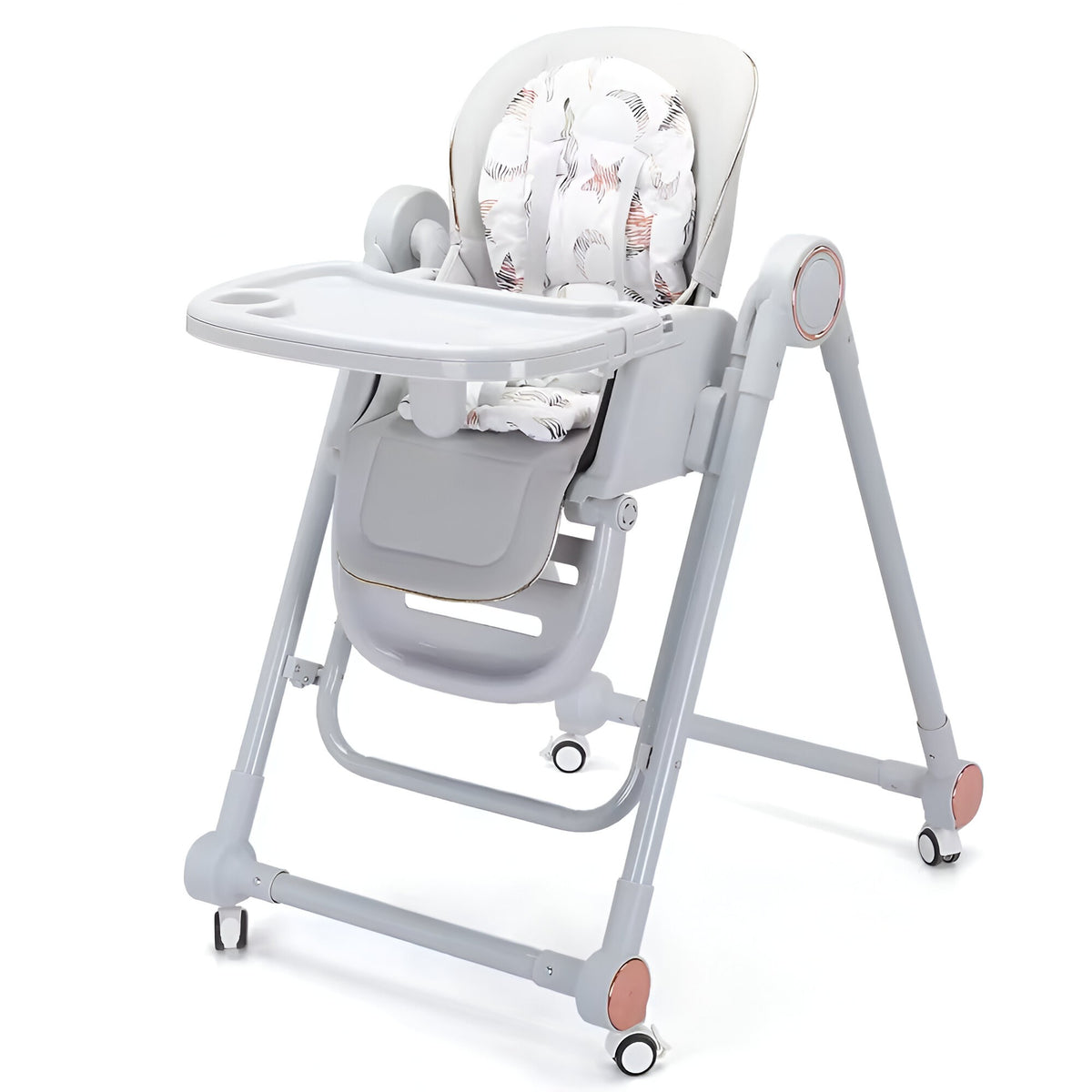 Scaun de Masa pentru Bebelusi si Copii 2 in 1, Multifunctional cu Functie Balansoar, Spatar si Inaltime Reglabil, Centura in 5 Puncte, Tavita Dubla Detasabila, Pliabil, Roti cu Blocare, Gri