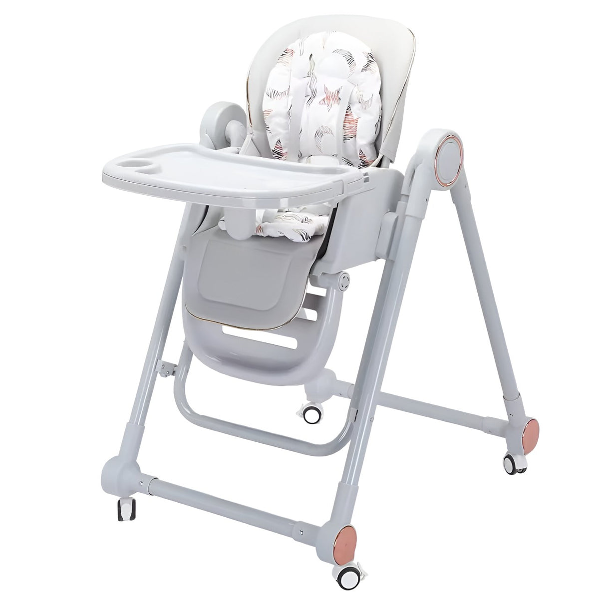 Scaun de Masa pentru Bebelusi si Copii 2 in 1, Multifunctional cu Functie Balansoar, Spatar si Inaltime Reglabil, Centura in 5 Puncte, Tavita Dubla Detasabila, Pliabil, Roti cu Blocare, Gri