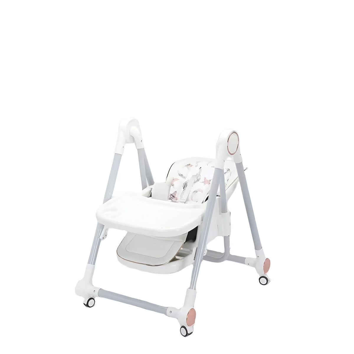 Scaun de Masa pentru Bebelusi si Copii, Multifunctional 2 in 1 cu Functie Balansoar, Spatar Reglabil si Inaltime Ajustabila, Structura Pliabila cu Roti, Centura in 5 Puncte, Tavita Dubla, Alb