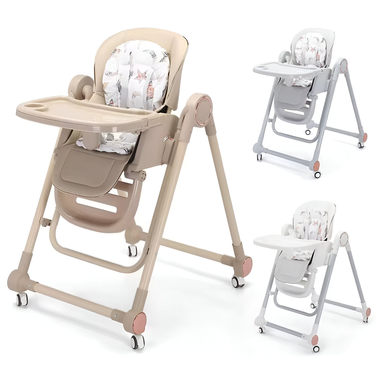Scaun de Masa pentru Bebelusi si Copii, Multifunctional 2 in 1 cu Functie Balansoar, Spatar Reglabil si Inaltime Ajustabila, Structura Pliabila cu Roti, Centura in 5 Puncte, Tavita Dubla, Alb