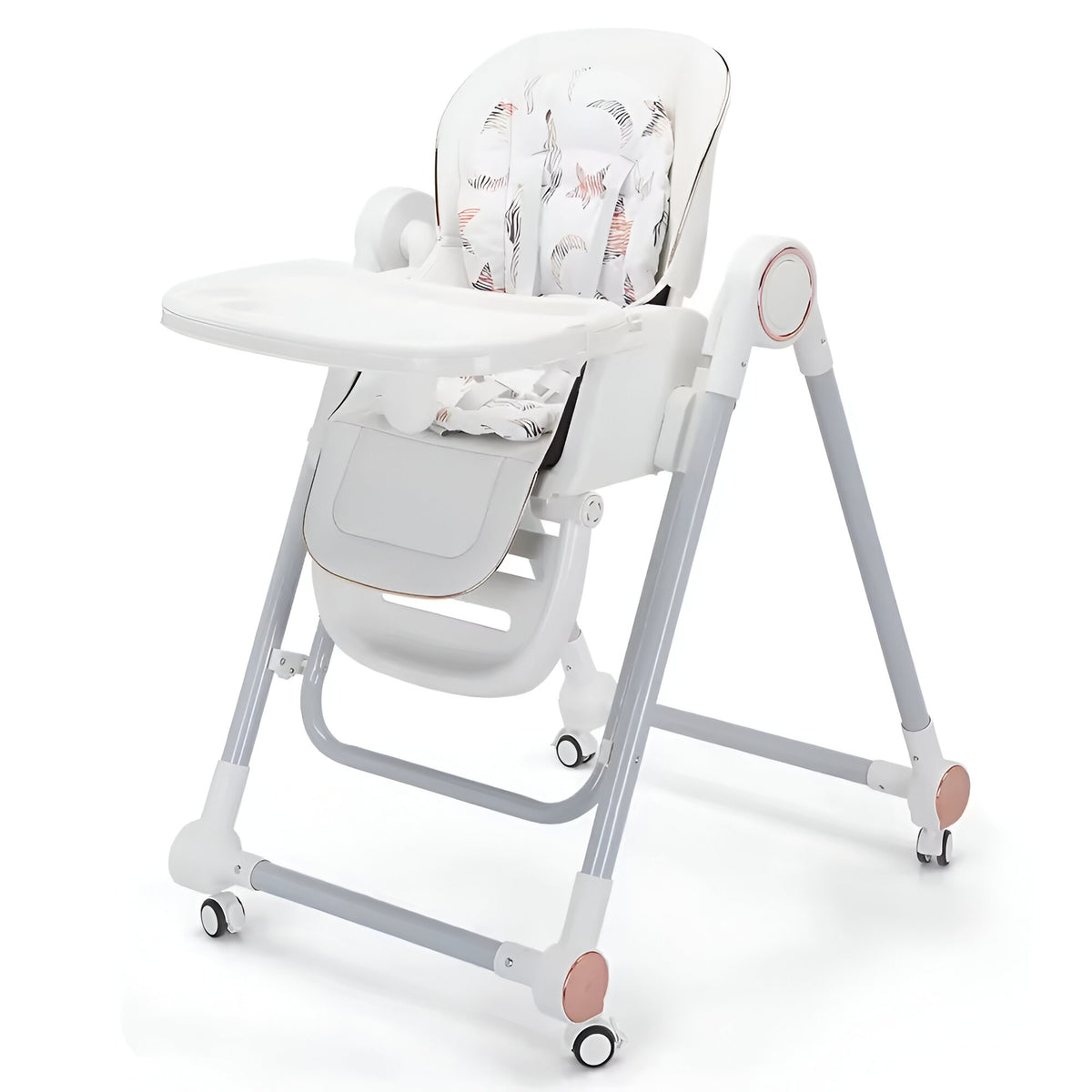 Scaun de Masa pentru Bebelusi si Copii, Multifunctional 2 in 1 cu Functie Balansoar, Spatar Reglabil si Inaltime Ajustabila, Structura Pliabila cu Roti, Centura in 5 Puncte, Tavita Dubla, Alb