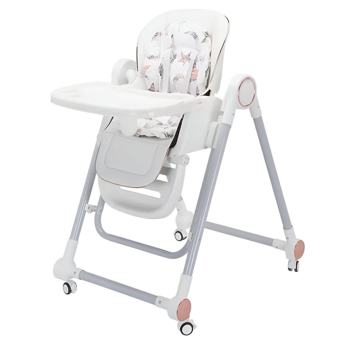 Scaun de Masa pentru Bebelusi si Copii, Multifunctional 2 in 1 cu Functie Balansoar, Spatar Reglabil si Inaltime Ajustabila, Structura Pliabila cu Roti, Centura in 5 Puncte, Tavita Dubla, Alb