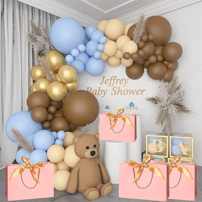 Set 107 Baloane pentru Arcada, Decoratiuni Baby Shower Baieti, Latex Rezistent, Mix Culori Albastru si Maro
