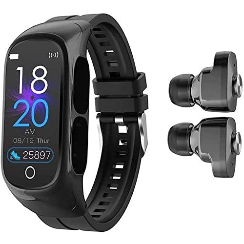 Ceas Smartwatch 2 in 1 cu Casti Bluetooth TWS Integrate, N8, Monitorizare Sanatate si Moduri Sport, Ecran 1.47 inch, Curea Silicon, Negru