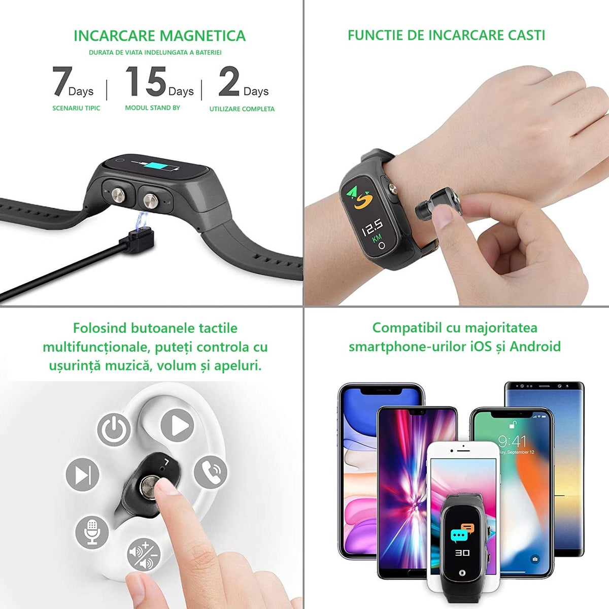 Ceas Smartwatch 2 in 1 cu Casti Bluetooth TWS Integrate, N8, Monitorizare Sanatate si Moduri Sport, Ecran 1.47 inch, Curea Silicon, Negru