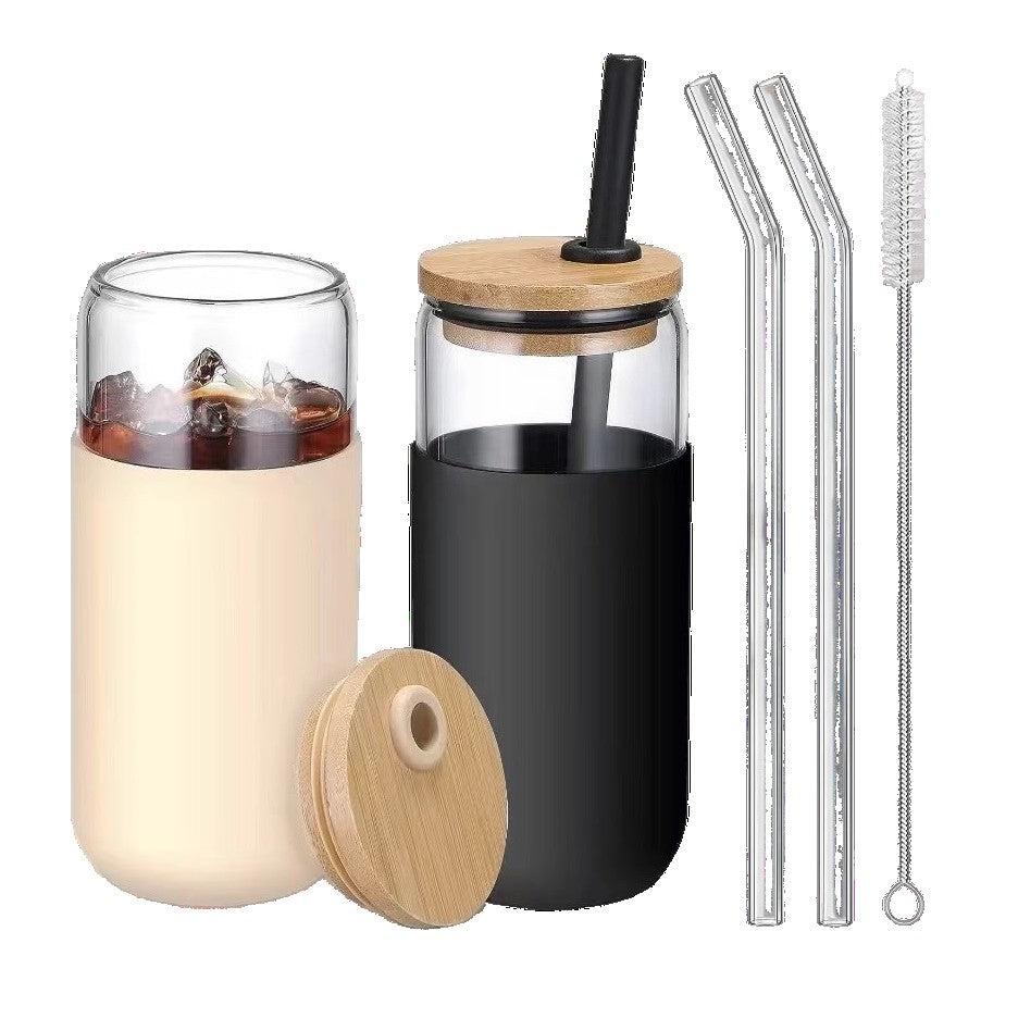 Set 2 Pahare din Sticla Termoizolanta cu Capac din Bambus si Pai, Mansoane Protectie Silicon, 500 ml, Negru si Crem