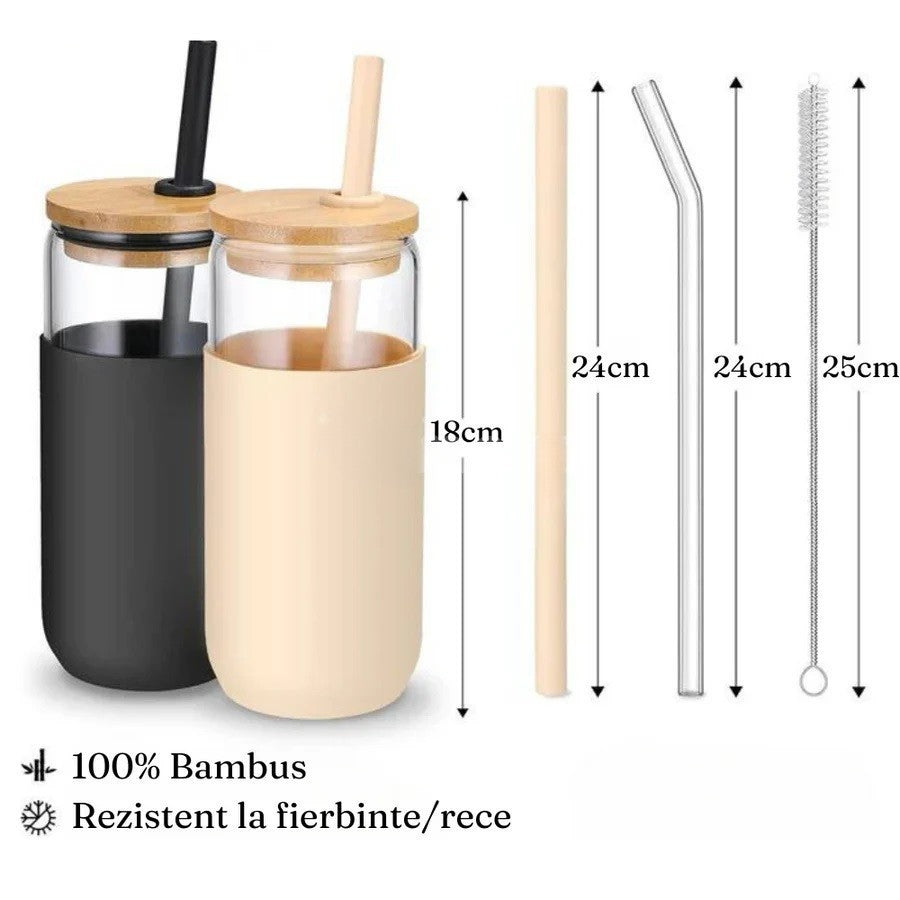 Set 2 Pahare din Sticla Termoizolanta cu Capac din Bambus si Pai, Mansoane Protectie Silicon, 500 ml, Negru si Crem