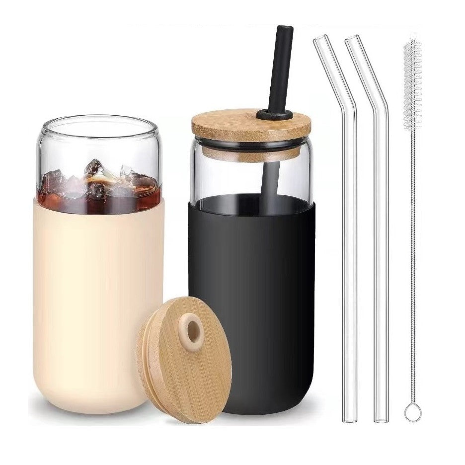 Set 2 Pahare din Sticla Termoizolanta cu Capac din Bambus si Pai, Mansoane Protectie Silicon, 500 ml, Negru si Crem