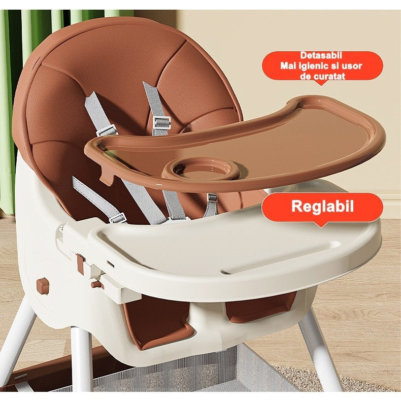 Scaun de Masa pentru Bebelusi si Copii, Telescopic si Pliabil, Roti cu Blocare, Centura 5 Puncte, Tavita si Suport Picioare Reglabile, Piele Ecologica, 97x73x65 cm, Maro