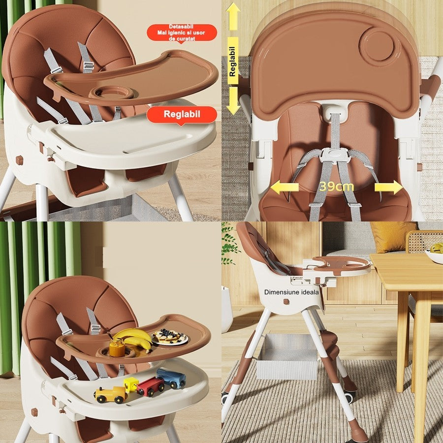 Scaun de Masa pentru Bebelusi si Copii, Telescopic si Pliabil, Roti cu Blocare, Centura 5 Puncte, Tavita si Suport Picioare Reglabile, Piele Ecologica, 97x73x65 cm, Maro