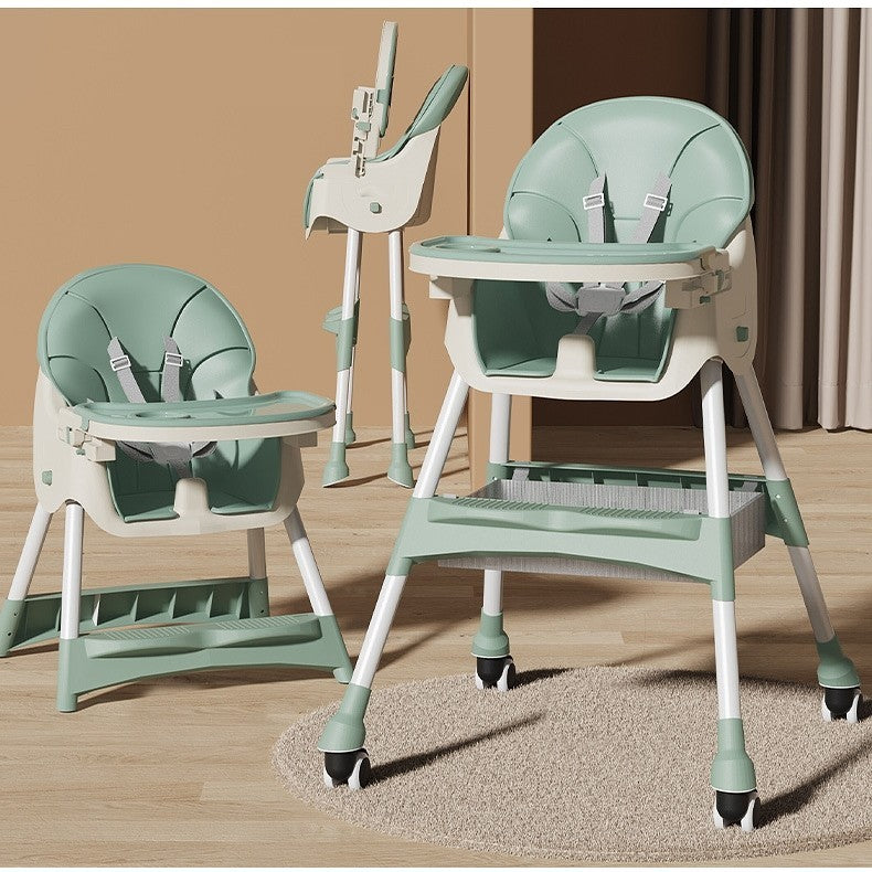 Scaun de Masa pentru Bebelusi si Copii, Telescopic si Pliabil, Roti cu Blocare, Masuta si Suport Picioare Reglabile, Piele Ecologica, Cos Depozitare, 97x73x65 cm, Verde