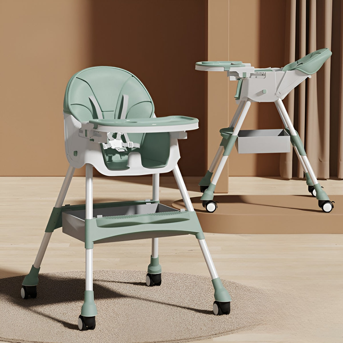 Scaun de Masa pentru Bebelusi si Copii, Telescopic si Pliabil, Roti cu Blocare, Masuta si Suport Picioare Reglabile, Piele Ecologica, Cos Depozitare, 97x73x65 cm, Verde