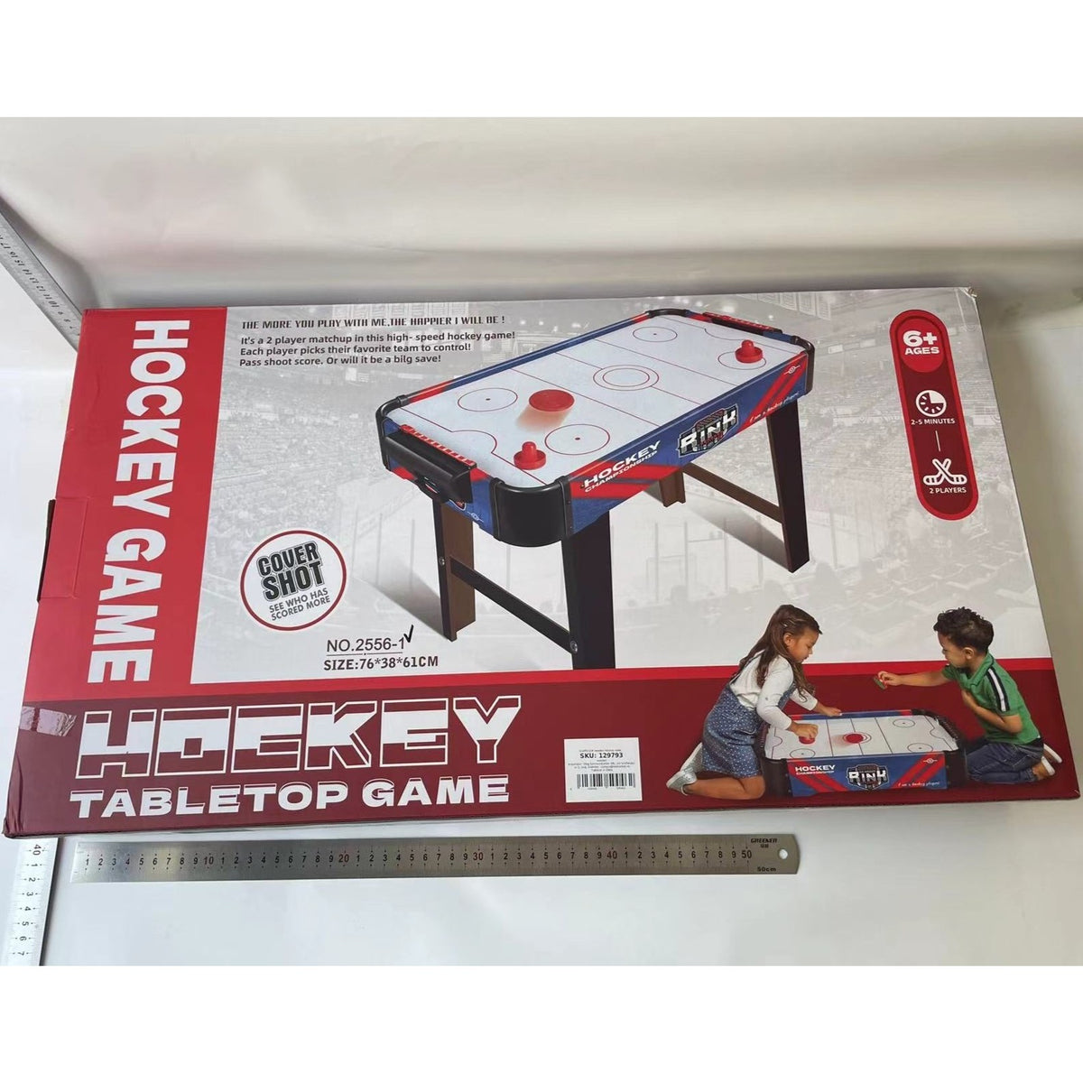 Masa Air Hockey Graffiti cu Picioare Lungi, Joc de Masa cu Ventilator, 2 Pucuri si 2 Impingatoare, Tabela Scor, PVC, 76x38x61 cm, Albastru