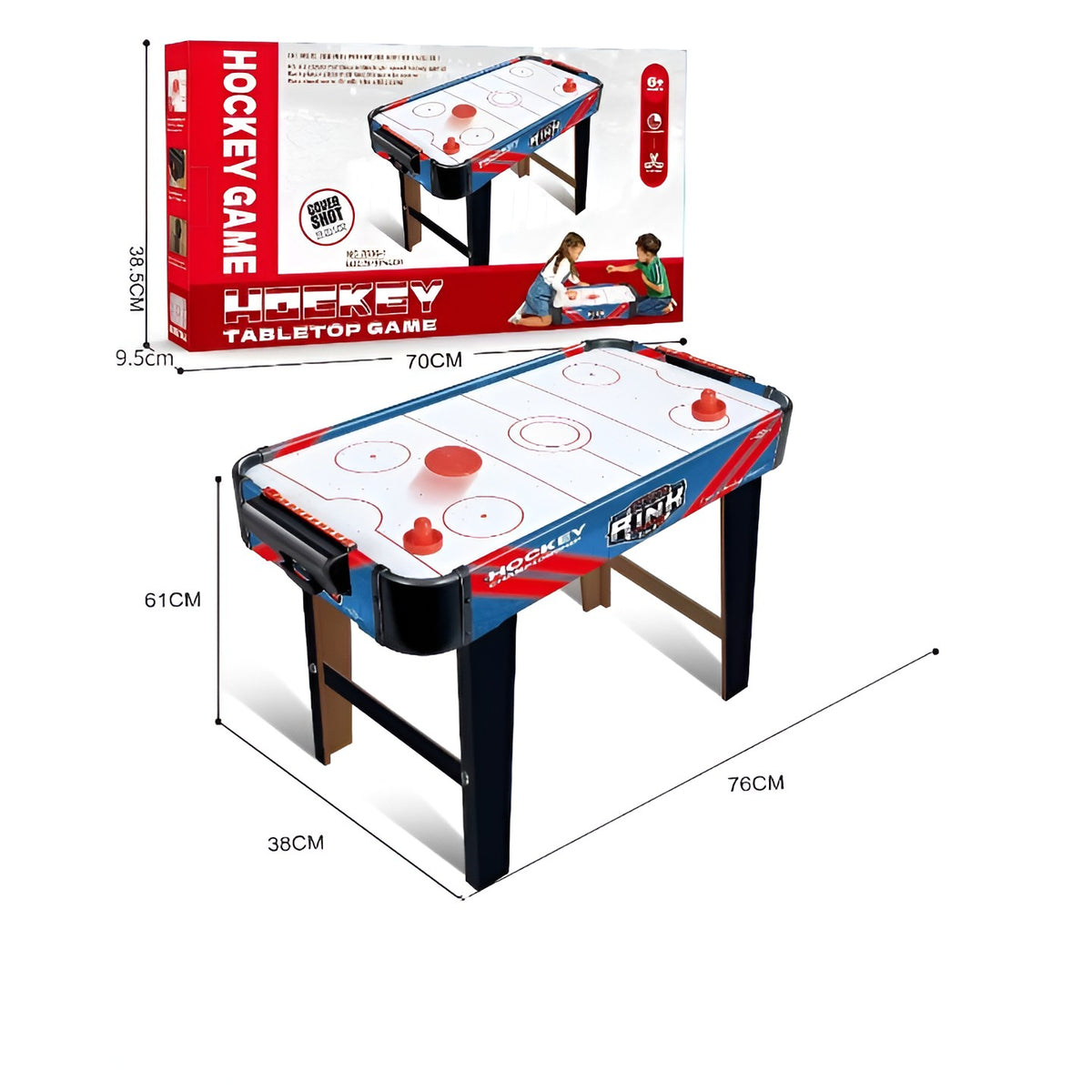 Masa Air Hockey Graffiti cu Picioare Lungi, Joc de Masa cu Ventilator, 2 Pucuri si 2 Impingatoare, Tabela Scor, PVC, 76x38x61 cm, Albastru