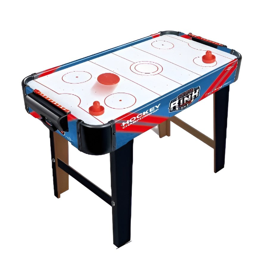 Masa Air Hockey Graffiti cu Picioare Lungi, Joc de Masa cu Ventilator, 2 Pucuri si 2 Impingatoare, Tabela Scor, PVC, 76x38x61 cm, Albastru