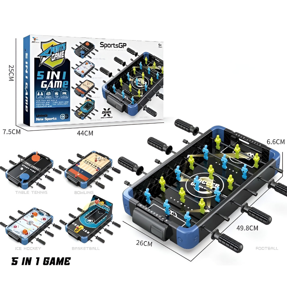 Masa de Joc 5in1 pentru Copii si Adulti, Fotbal, Baschet, Bowling, Curling si Hockey, Teren Schimbabil cu Tablou Scor, Material ABS, Design Multicolor, 49.8x26x6.6 cm