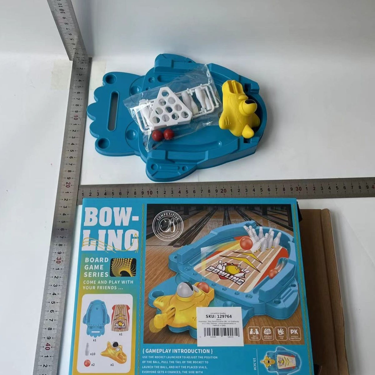 Joc de Masa Mini Bowling Interactiv pentru Copii, Set Educativ cu 6 Pioni si Mingi, Material Non-Toxic, 26.5x19.5x5 cm, Albastru