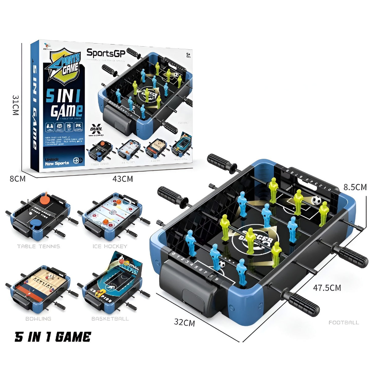 Masa de Joc 5 in 1 pentru Copii si Adulti, Include Fotbal, Baschet, Bowling, Curling si Hockey, Tablou Scor si 6 Manere Ergonomice, Material ABS Rezistent, 47.5x32x8.5 cm, Design Multicolor