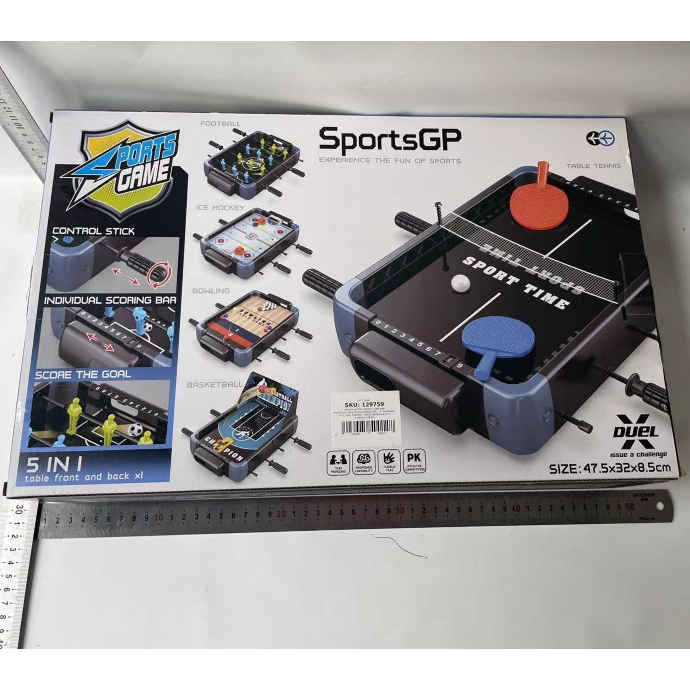 Masa de Joc 5 in 1 pentru Copii si Adulti, Include Fotbal, Baschet, Bowling, Curling si Hockey, Tablou Scor si 6 Manere Ergonomice, Material ABS Rezistent, 47.5x32x8.5 cm, Design Multicolor