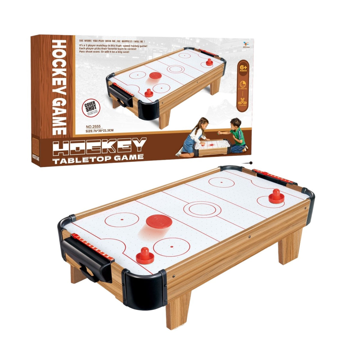 Masă Air Hockey Graffiti cu Picioare Scurte, Joc de Îndemânare cu Ventilator, Tabela de Scor, Lemn, Maro, include 2 Pucuri și 2 Împingătoare, 76x38x21.5 cm