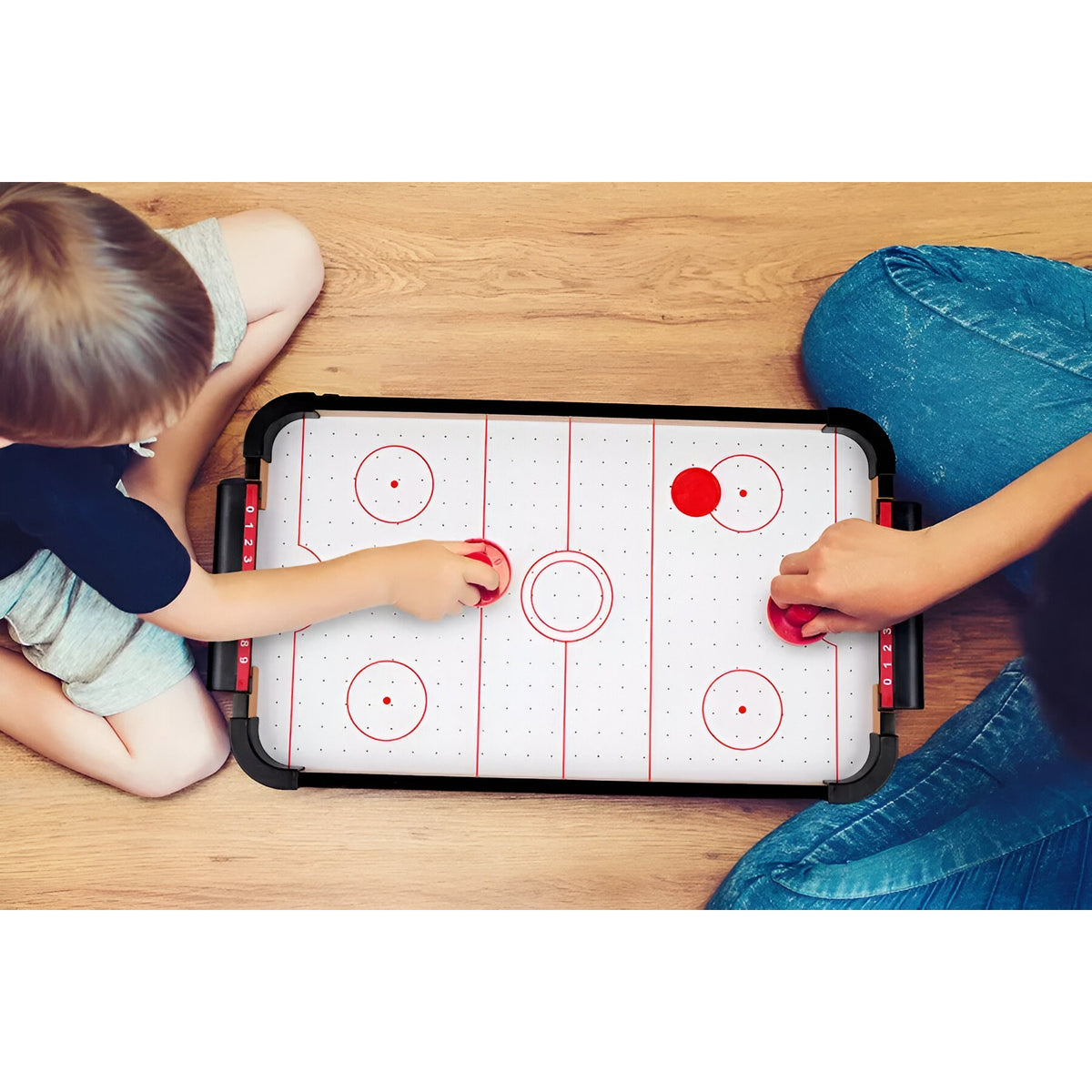 Masa Air Hockey Pentru Copii Si Adulti, Joc De Indemanare Cu Ventilator, Lemn, 2 Pucuri Si 2 Impingatoare, 57x31x9.5 cm, Maro Graffiti