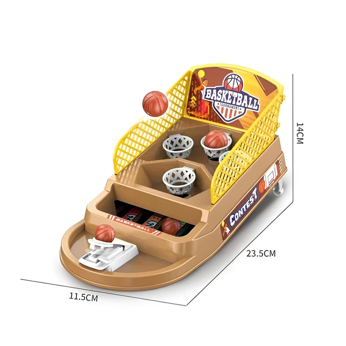 Joc de Masa Mini Baschet Interactiv, Masina de Tir Competitiva pentru Copii, Joc de Indemnare cu 4 Cosuri, Plastic, 3 Mingi Incluse, 23.5x11.5x14 cm, Maro