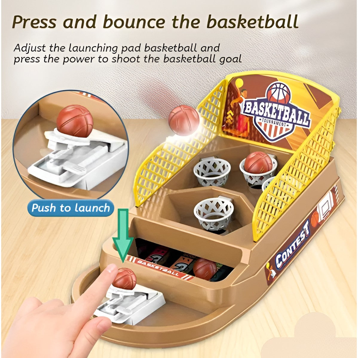 Joc de Masa Mini Baschet Interactiv, Masina de Tir Competitiva pentru Copii, Joc de Indemnare cu 4 Cosuri, Plastic, 3 Mingi Incluse, 23.5x11.5x14 cm, Maro