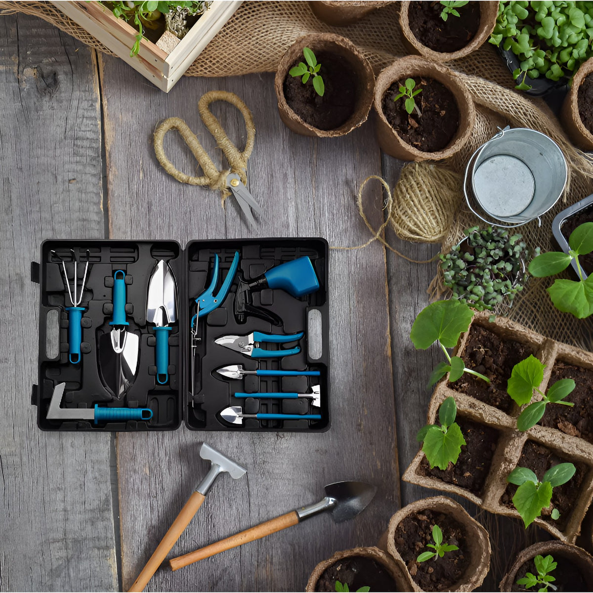 Set de Unelte de Gradina pentru Plantare si Intretinere, 10 Piese, Otel Inoxidabil si Manere Ergonomice, Cutie Depozitare Inclusa, 37x28x7 cm, Negru/Portocaliu
