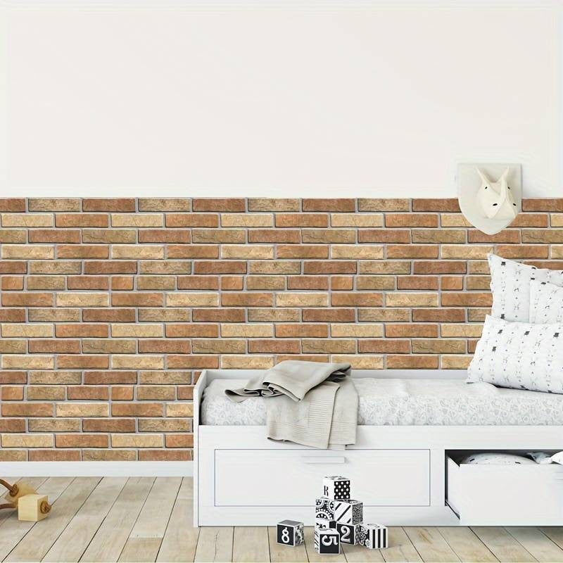 Set 10 Placi Tapet Autocolant 3D, Model Caramida de Piatra, Panouri Autoadezive Impermeabile pentru Perete, Material PVC, 30x30 cm, Maro