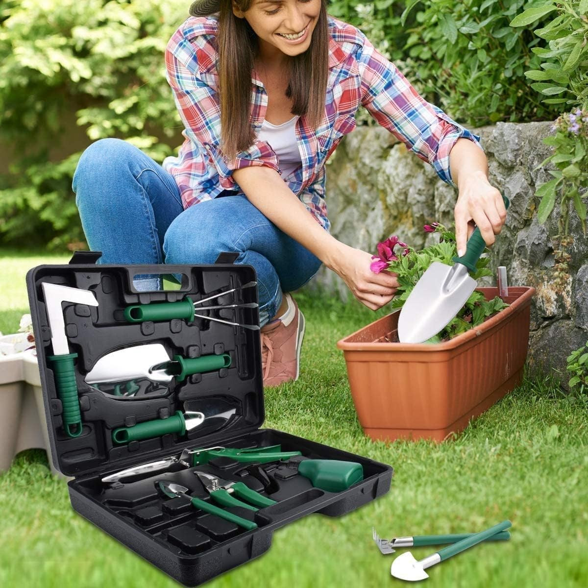 Set de Unelte pentru Grădinărit, Kit Complet pentru Plantare și Îngrijire Plante, Oțel Inoxidabil cu Mânere Ergonomice, Cutie Organizatoare Inclusă, 10 Piese, Portocaliu/Negru, 37x28x7 cm