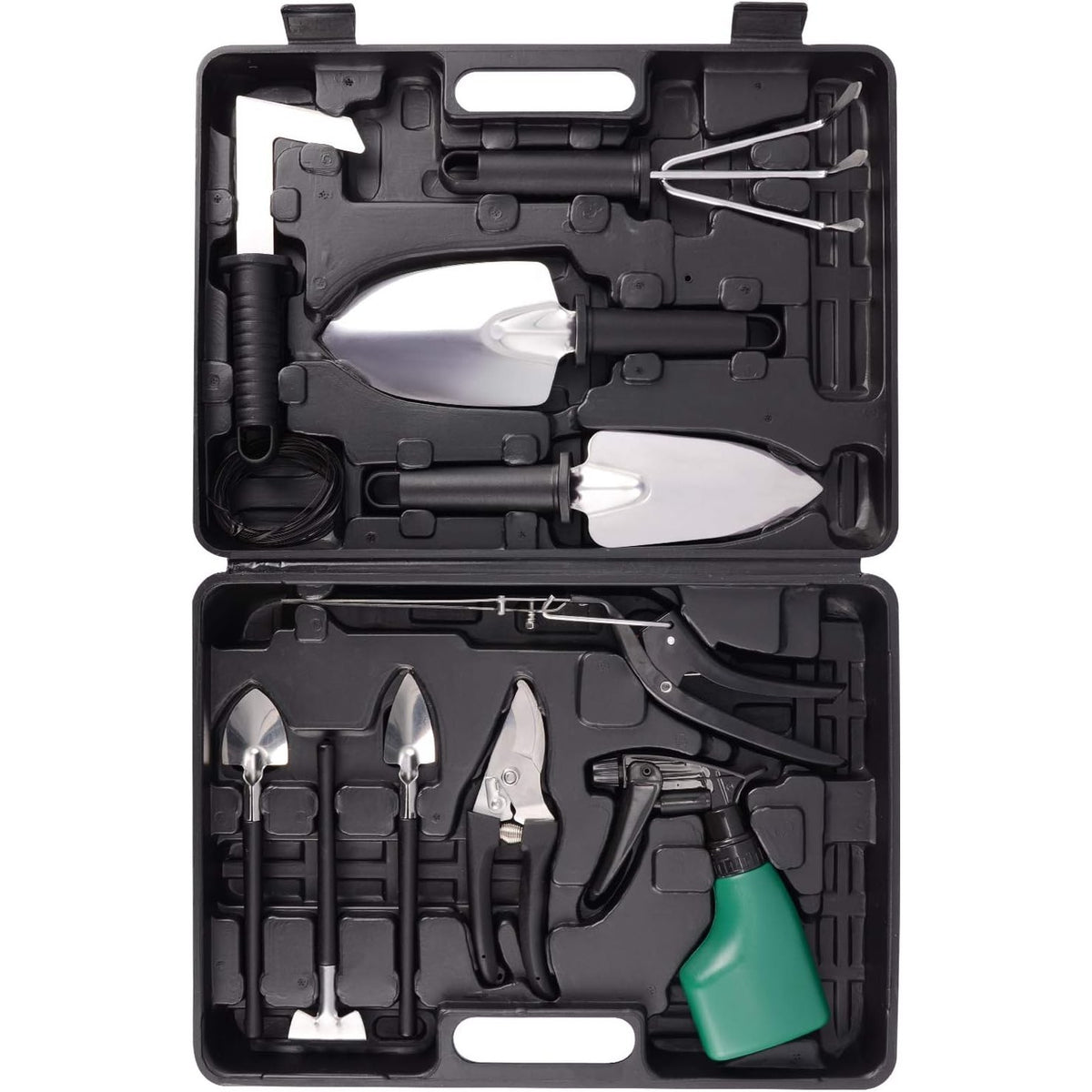 Set Unelte de Gradina pentru Plantare si Ingrijire Plante, Otel Inoxidabil si Manere Ergonomice, Cutie Depozitare Inclusa, 10 Piese, Negru/Portocaliu, 37x28x7 cm