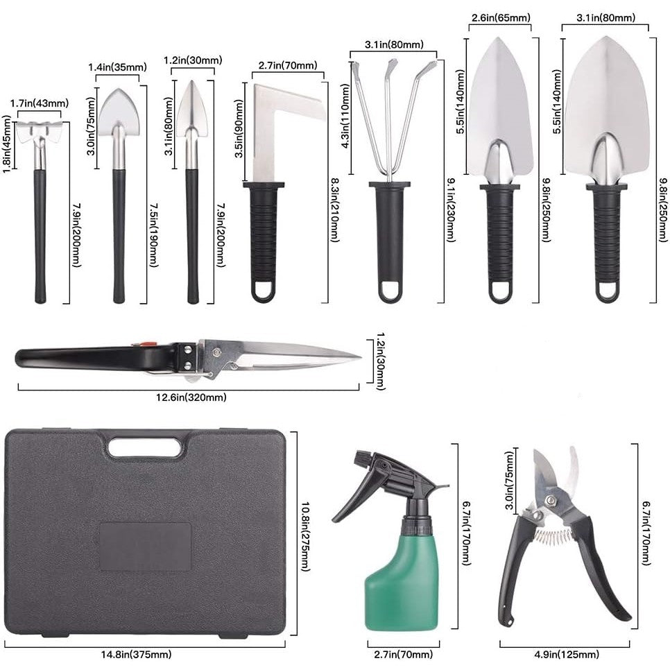 Set Unelte de Gradina pentru Plantare si Ingrijire Plante, Otel Inoxidabil si Manere Ergonomice, Cutie Depozitare Inclusa, 10 Piese, Negru/Portocaliu, 37x28x7 cm