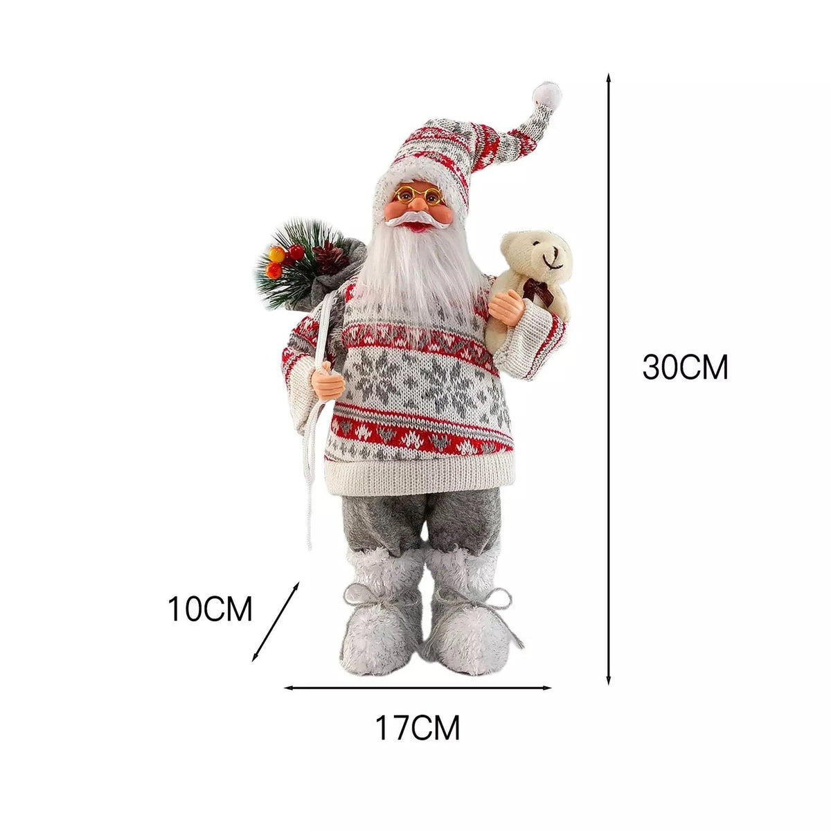 Figurina Decorativa Mos Craciun cu Flori si Urs, Decoratiune de Sarbatori Interior si Exterior, Plastic si Catifea, 30 x 17 x 10 cm, Rosu/Gri
