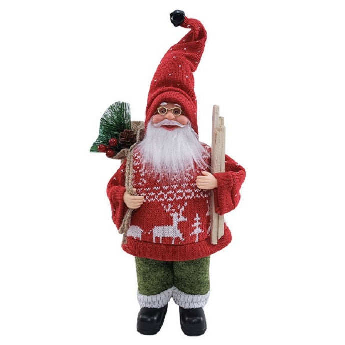 Figurina Decorativa Mos Craciun cu Lemne si Flori, Ornament Festiv pentru Interior si Exterior, Plastic si Textil Catifelat, 30 x 17 x 10 cm, Rosu/Verde