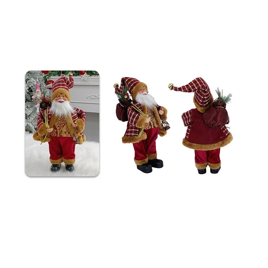 Figurina Decorativa Moș Crăciun Așezat cu Sac și Felinar, Decor Sărbători Interior și Exterior, Plastic și Textil, 35 x 18 x 20 cm, Roșu și Auriu