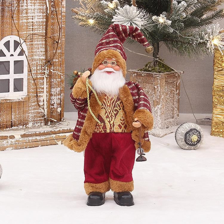 Figurina Decorativa Moș Crăciun Așezat cu Sac și Felinar, Decor Sărbători Interior și Exterior, Plastic și Textil, 35 x 18 x 20 cm, Roșu și Auriu