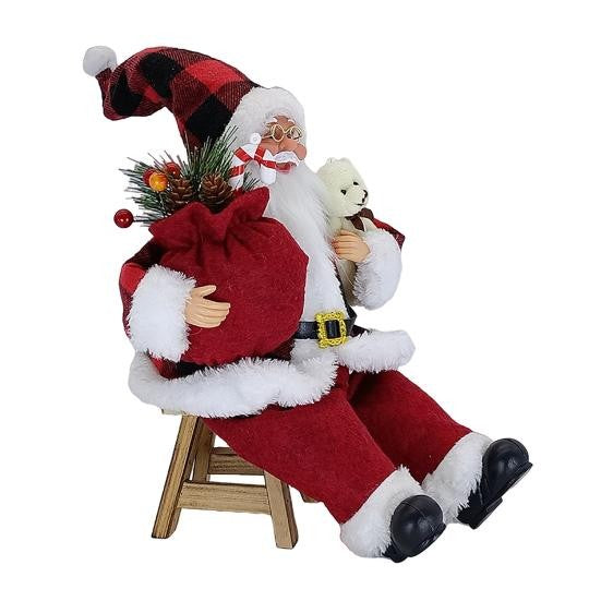 Figurină Decorativă Moș Crăciun cu Ursuleț de Pluș, Ornament Tradițional de Sărbători, Interior și Exterior, Plastic și Textil, 30 x 17 x 10 cm, Roșu și Alb