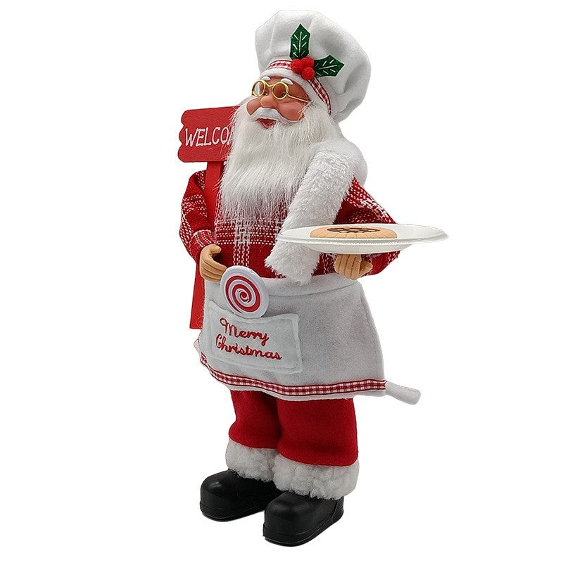 Figurină Decorativă Moș Crăciun Bucătar, Statuetă Festivă pentru Interior și Exterior, Material Plastic și Textil, 30 x 17 x 10 cm, Roșu și Alb