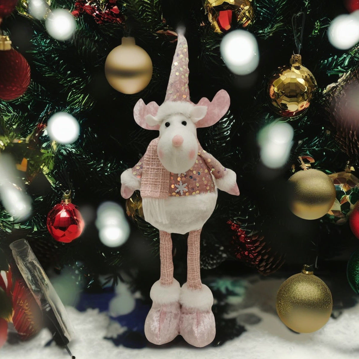 Figurina Decorativa Craciun Ren, Picioare Telescopice Reglabile, Bluza cu Paiete Stralucitoare, Poliester, Inaltime 44-54 cm, Roz