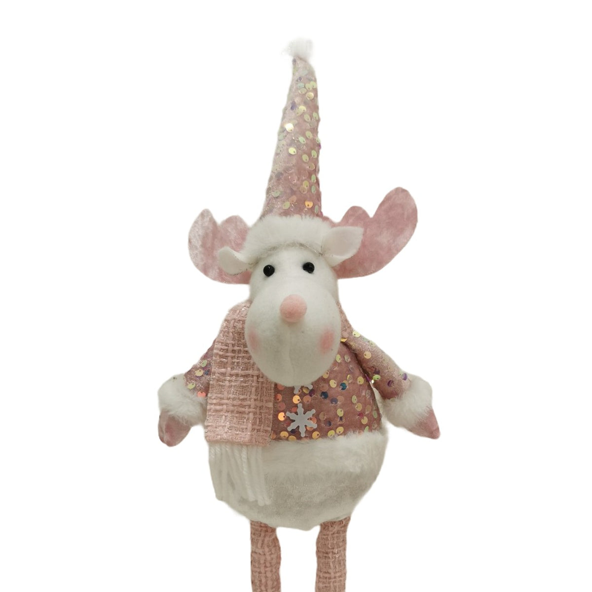 Figurina Decorativa Craciun Ren, Picioare Telescopice Reglabile, Bluza cu Paiete Stralucitoare, Poliester, Inaltime 44-54 cm, Roz