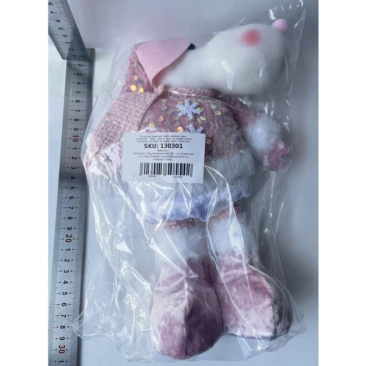 Figurina Decorativa Craciun Ren, Picioare Telescopice Reglabile, Bluza cu Paiete Stralucitoare, Poliester, Inaltime 44-54 cm, Roz