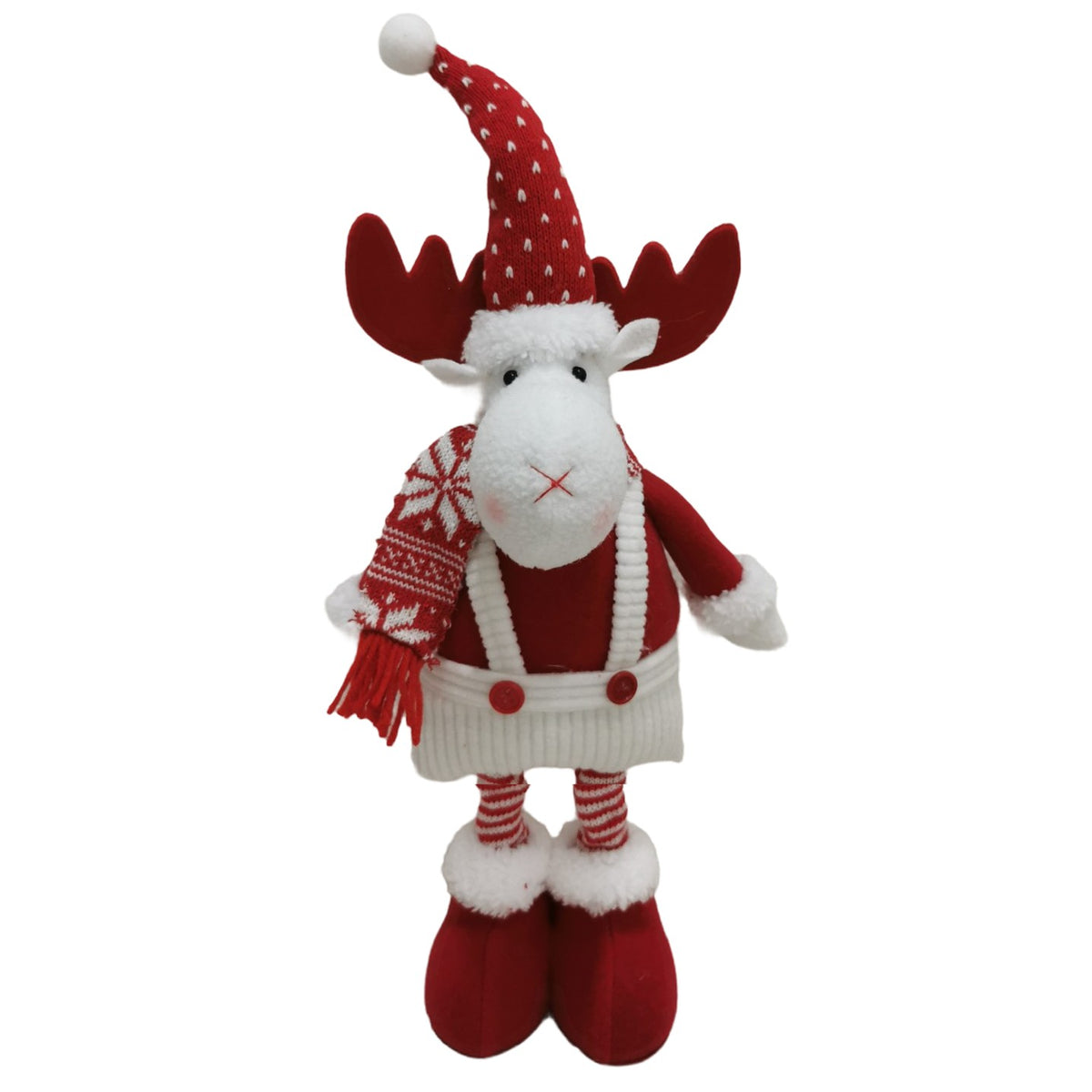 Figurină Decorativă Ren de Crăciun, Picioare Telescopice cu Înălțime Reglabilă, Poliester, Căciulă cu Inimioare, Alb/Roșu, 44-54 cm