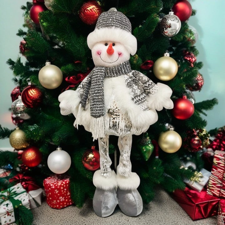 Figurina Decorativa Om de Zapada, Ornament Craciun cu Picioare Telescopice, Inaltime Reglabila 33-70 cm, Poliester, Alb si Argintiu