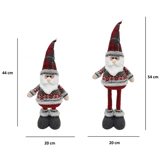 Figurina Decorativa Mos Craciun, Picioare Telescopice cu Inaltime Reglabila 44-54 cm, Poliester, Design Bluza cu Fulgi, Rosu/Gri/Multicolor