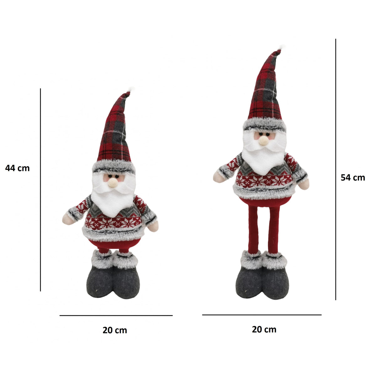 Figurina Decorativa Mos Craciun, Picioare Telescopice cu Inaltime Reglabila 44-54 cm, Poliester, Design Bluza cu Fulgi, Rosu/Gri/Multicolor